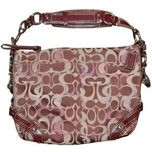 Coach Carly Optic Signature Jacquard Shoulder Bag Berry Burgundy Patent 10619